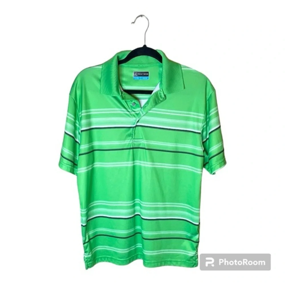 PGA Tour Green Golf Polo with Black and White Stripes Casual Shirt Size Medium